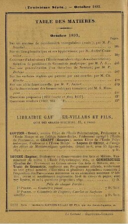 Table des matières. Octobre 1893.