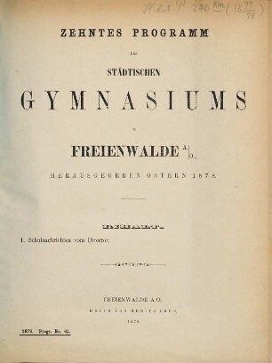Programm des Städtischen Gymnasiums in Freienwalde a.O. : hrsg. Ostern ..., 1877/78