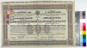 Obligation der Koslow-Woronesh-Rostow Eisenbahn-Gesellschaft über 600,- Mark Deutsche Reichswährung (in russischer und deutscher Sprache), mit Erneuerungsschein