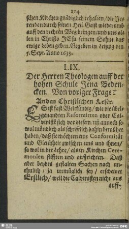 Die LIX. Der Herren Theologen auff der hohen Schule Jena Bedencken. Von voriger Frage
