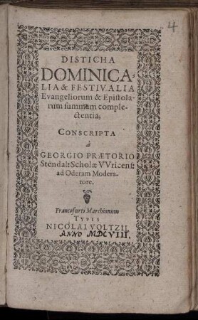 Disticha Dominicalia & Festivalia Evangeliorum & Epistolarum summum complectentia