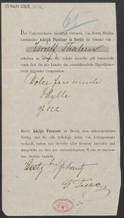 [Quittung / Verlagsschein] Quittungen über 12 Thaler und 15 Thaler 26 Groschen für "ausschliessliches Eigenthumsrecht" an op. 122, op. 214, op. 217 und op. 228
