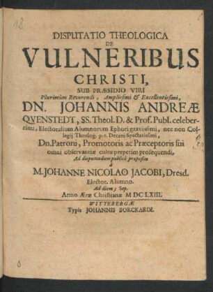 Disputatio Theologica De Vulneribus Christi