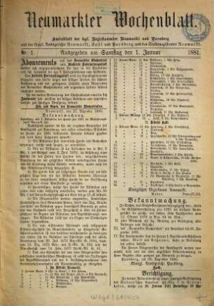 Neumarkter Wochenblatt : nationale Tageszeitung für die südwestliche Oberpfalz ; ältestes Heimatblatt ; Neumarkter Volkszeitung. 1881