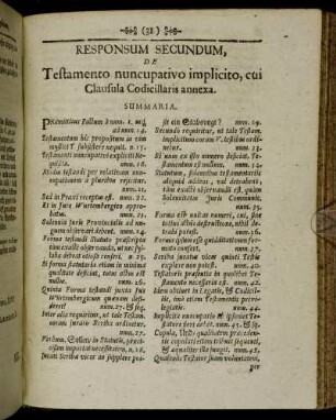 Responsum Secundum, De Testamento nuncupativo implicito, cui Clausula Codicillaris annexa.
