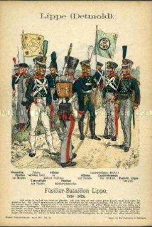 Uniformdarstellung, Grenadier, Gemeine, Unteroffizier, Offiziere des Füsilier-Bataillons, Gemeiner und Freiwilliger Jäger der Landwehr, Fürstentum Lippe, 1814/1824.