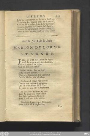 Sur la Mort de la belle Marion De Lorme. Stances.