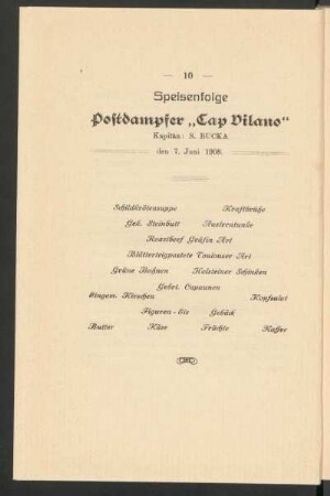 Speisefolge Postdampfer "Cap Vilano"