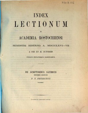 Index lectionum in Academia Rostochiensi ... publice privatimque habendarum, WS 1866/67