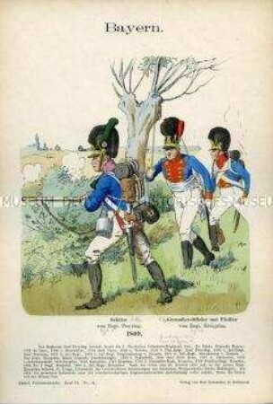 Uniformdarstellung, Schütze, Grenadier-Offizier und Füsilier der Infanterie, Königreich Bayern, 1809.