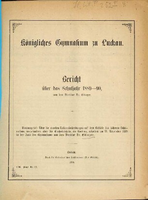 Bericht über das Schuljahr .... 1889/90