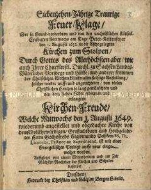 Predigt zur Einweihung der durch ein Feuer 1632 zerstörten und bis 1649 wiedererrichteten Kirche in Stolpe