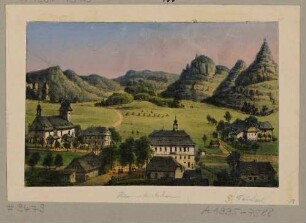 Dittersbach (Jetřichovice, Tschechien) in der Böhmischen Schweiz nach Norden, im Vordergrund die Ortsmitte mit Kirche, rechts die Dittersbacher Schweiz