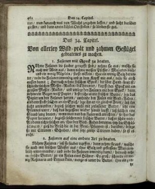 Das 34. Capitel. Von allerley Wild-prät und zahmen Geflügel gebratenes zu machen.