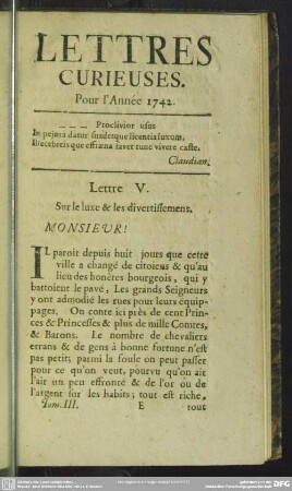 Lettre V. Sur le luxe & les divertissemens