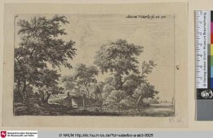 [Gatter und Holzbrücke nahe eines Hauses; A fence near a bridge]