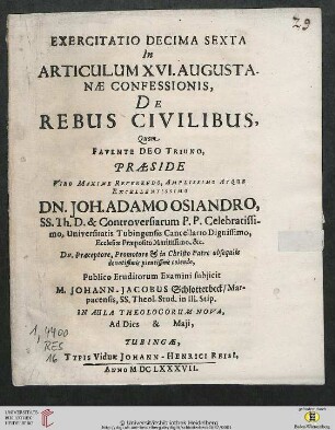Band 16: Exercitatio Theologica ... In Articulum Augustanae Confessionis: De Rebus Civilibus