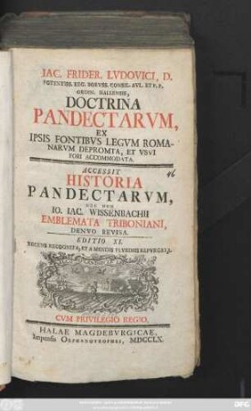Iac. Frider. Lvdovici, D. Potentiss. Reg. Borvss. Consil. Avl. Et P. P. Ordin. Hallensis, Doctrina Pandectarvm : Ex Ipsis Fontibvs Legvm Romanarvm Depromta, Et Vsvi Fori Accomodata