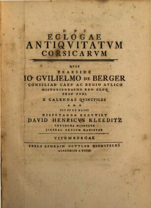 Jo. Guilielmi Bergeri Eclogarium Corsicum, 1. Exercitatio ... Eclogae Antiquitatum Corsicarum