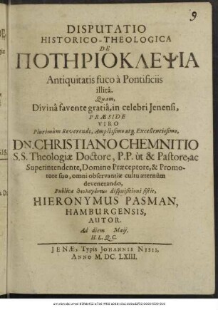 Disputatio Historico-Theologica De Potērioklepsia Antiquitatis fuco a Pontificiis illita