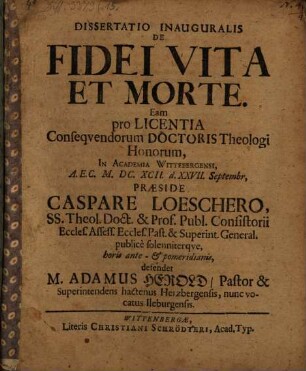 Dissertatio Inauguralis De Fidei Vita Et Morte