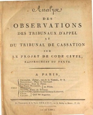 Analyse des observations des tribunaux d'appel et du tribunal de cassation sur le projet de code civil rapprochées du texte
