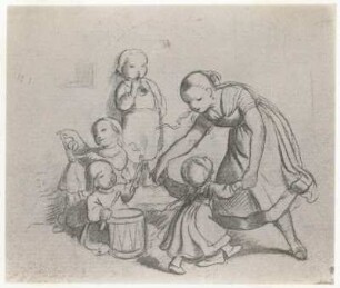 Richter, Ludwig: Tanzliedchen. Fünf Kinder und Puppe tanzend und musizierend. Illustration aus der Folge "Voer de Goern" zu K. Groth. 1858. Holzschnittzeichnung; 104 x 135 mm. Dresden: Kupferstich-Kabinett NJA 54/4791