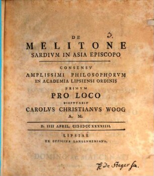 De Melitone Sardivm In Asia Episcopo