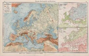 Europa, Bodengestalt und Gewässer, I. Linien gleicher Temperatur (Isothermen) der Luft im Januar, II. Linien gleicher Temperatur (Isothermen) der Luft im Juli