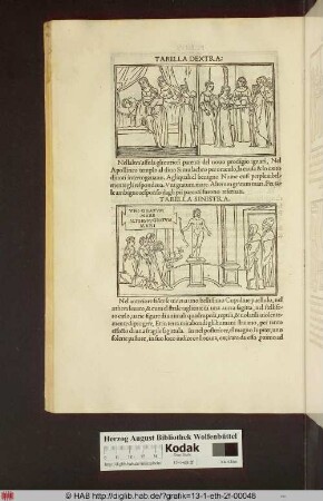 2 Abbildungen: 1. [Frauen bringen Gaben zum Krankenbett] [TABELLA DEXTRA] 2. [Im apollonischen Tempel] [TABELLA SINISTRA]