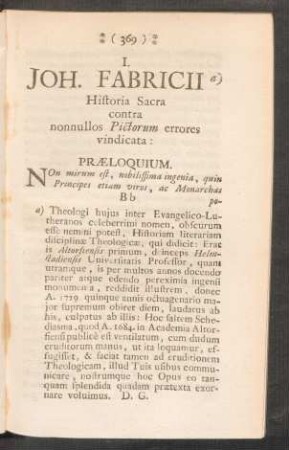 I. - JOH. FABRICII Historia Sacra contra nonnullos Pictorum errores vindicata.