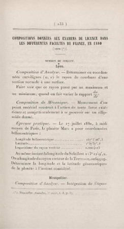 Compositions données aux examens de licence dans les différentes Facultés de France, en 1880.