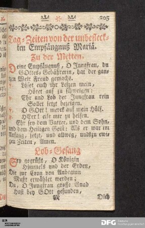 Tag-Zeiten von der unbefleckten Empfängnuß Mariä.