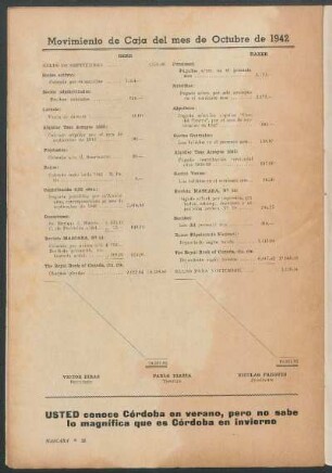Movimiento de Caja del mes de Octubre de 1942