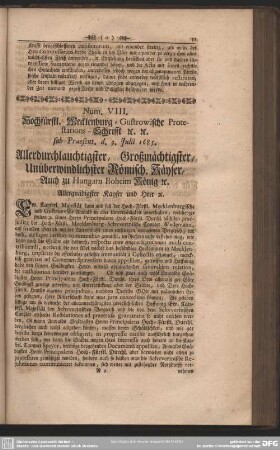 Num. VIII. Hochfürstl. Mecklenburg- Gustrowische Protestations- Schrifft etc. etc. sub Praesent. d. 9. Julii 1685.
