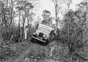 Schmaler Weg : Der Expeditionsbus auf einem schmalen Weg in einem trockenen Wald bei Santo Antônio do Aracanguá. Links und rechts Mitglieder der Expedition.