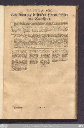 Tabula XCIX. Von denen jezt blühenden Herren Grafen von Sainsheim.