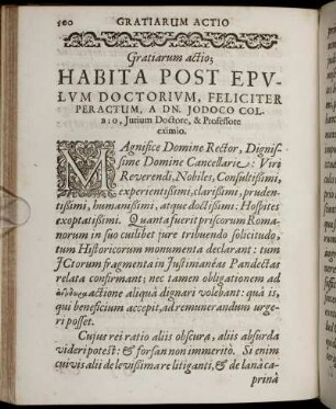Gratiarum actio; Habita Post Epulum Doctorium, Feliciter Peractum, A Dn. Jodoco Colbio, Jurium Doctore, & Professore eximio.