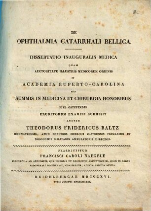 De ophthalmia catarrhali bellica : dissertatio inauguralis medica