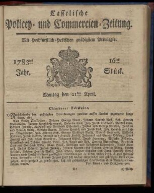 16tes Stueck, Montag den 21ten April. 1783