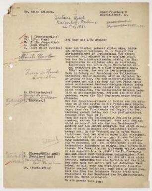 Maschinenschriftliches Typoskript von Erich Salomon zum Lichtbildervortrag im Hotel Kaiserhof in Berlin am 6. Mai 1931