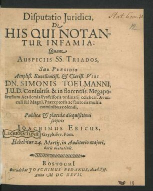 Disputatio Iuridica, De His Qui Notantur Infamia