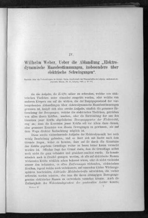 IV.: Ueber die Abhandlung "Elektrodynamische Maassbestimmungen, insbesondere über elektrische Schwingungen" (1863)