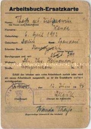 Arbeitsbuch-Ersatzkarte für eine Frau - Familienkonvolut