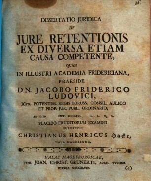Dissertatio Juridica De Jure Retentionis Ex Diversa Etiam Causa Competente