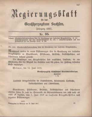 Nr. 139: Ministerialbekanntmachung über die Gewährung von laufenden Kriegsbeihilfen