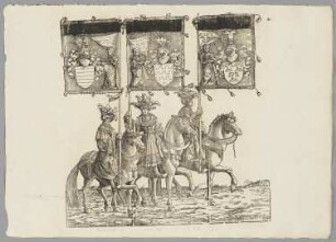 Ritter mit den Bannern der burgundischen Lande Ausonne, Arcus und Ostrevant, Blatt 87 aus: Marx Treitzsaurwein, "Kaiser Maximilian I Triumph – le triomphe de l’Empereur Maximilien I en une suite de Cent trent cinq planches gravées en bois d’après les dessins de Hans Burgmair", Wien 1796