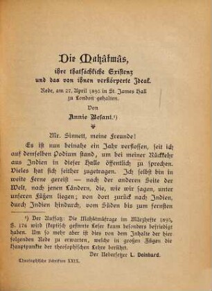 Die Mahâtmâs, ihre thatsächliche Existenz und das von ihnen verkörperte Ideal : Rede, am 27. April 1895 in St. James Hall zu London gehalten