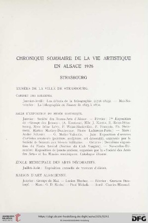 Chronique sommaire de la vie artistique en Alsace 1926