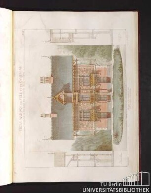Villas, maisons de ville et de campagne. Composées sur les motifs des maisons de Paris moderne. Cpoupe sur l'axe de femètres latérales. Coupe sur l'axe du Pignon.